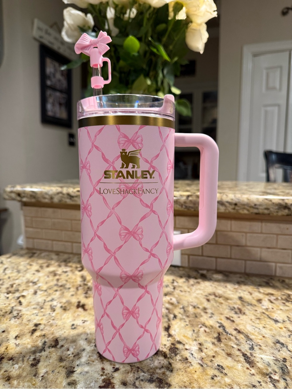 Stanley Pink LoveShackFancy Insulated Travel Tumbler with Handle